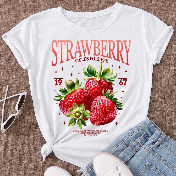 Camiseta Basica Branca Blusa Feminina Blusa Estampada Frutas Tropicais Praia Carnaval Algodão