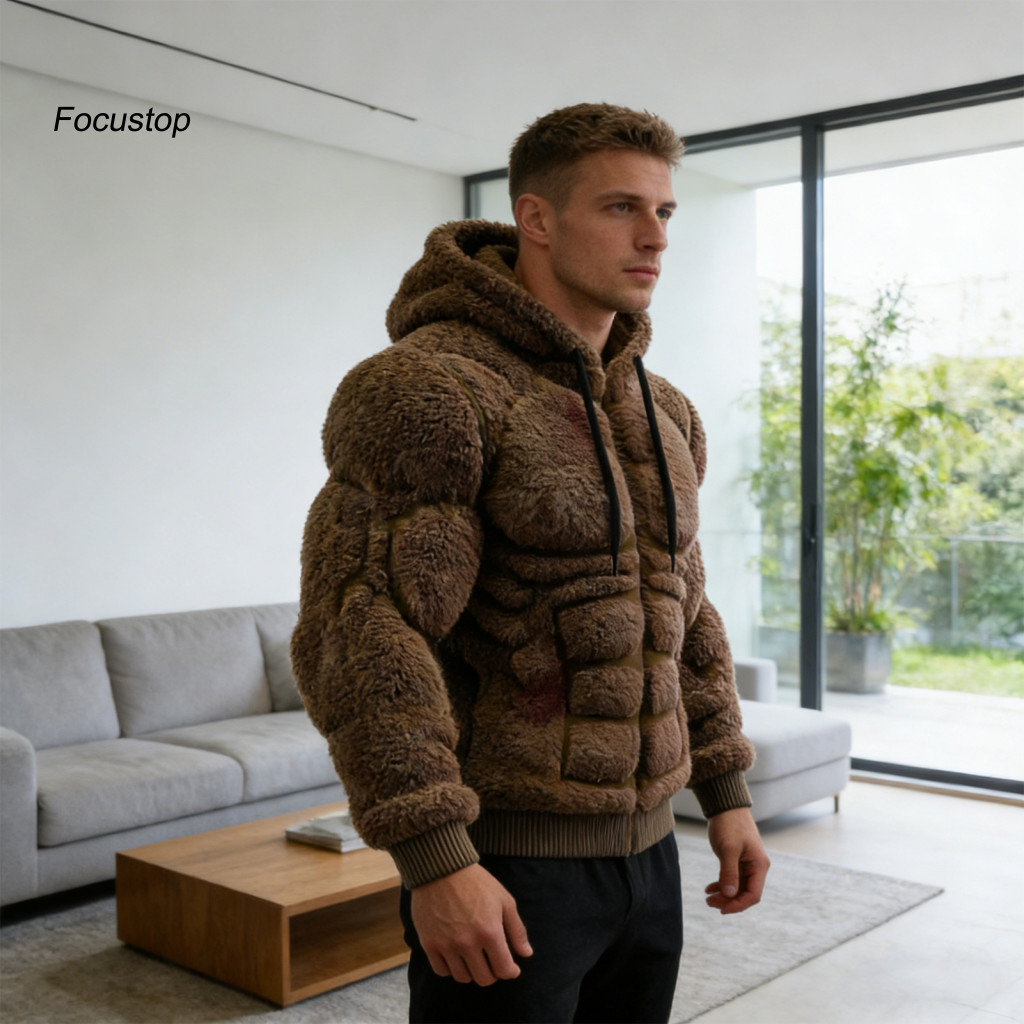 Loose Fit Hoodie Autumn Winter Sweatshirt Men's 3d Muscle Realistic Print Pullover Warm Fuzzy Hooded Jacket for Party St