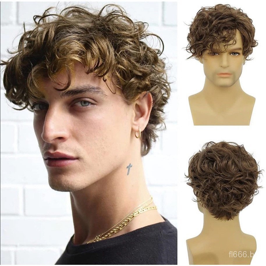Peruca Masculina Marrom Cabelo Curto Cacheado Franja Longa Cabelo Cacheado Natural Peruca Masculina Fibra Sintética Peru