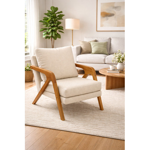 Poltrona Mona Luxo em Linho Bege com Base de Madeira para Sala e Escritório