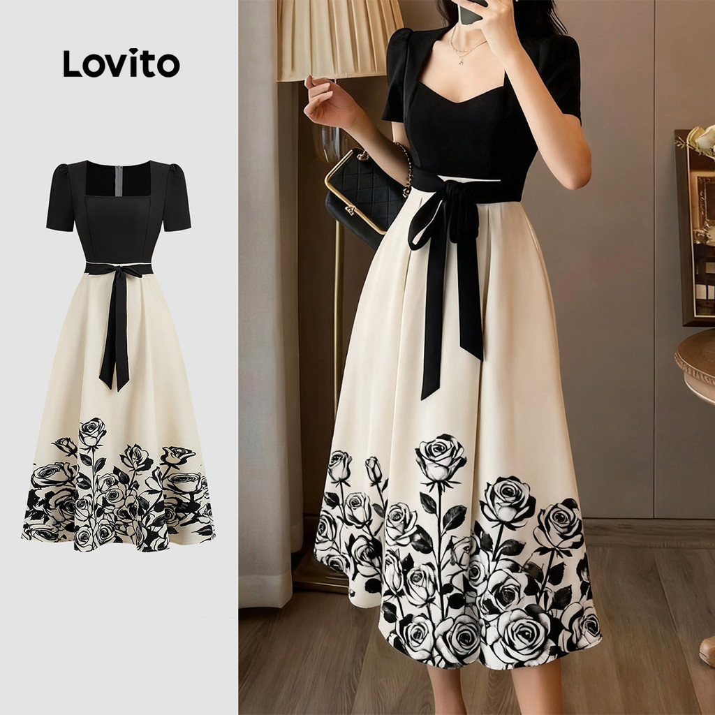Lovito  Vestido Elegante com Cinto Textura Padrão Vestido Preto Primavera/verão para Mulheres L172ED113 em Oferta na Shopee