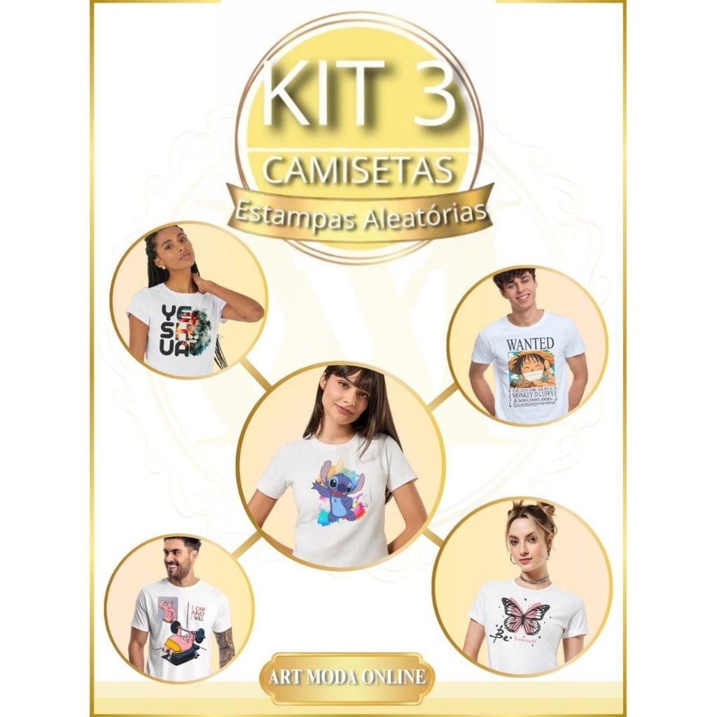Kit 3 Tshirt Camisetas Dry Fit Leves Defeitos Camisa Estampada Aleatória