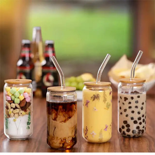 Copo Lata 500ml Com Tampa Bambu E Canudo Vidro Drinks em Oferta na Shopee