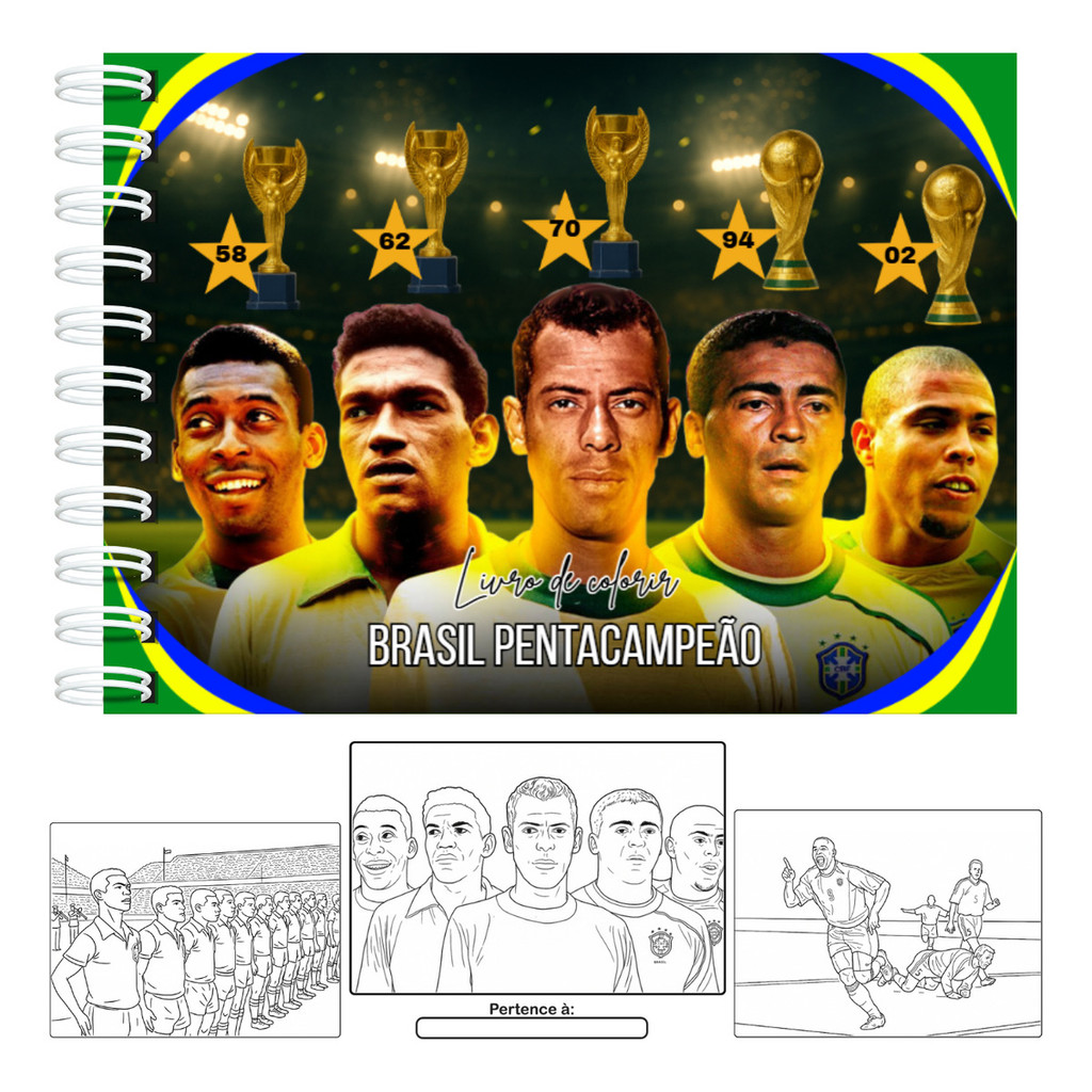 Livro De Colorir Brasil Pentacampeão Futebol Copa Do Mundo Capa Dura 50 Páginas 180g A5 Com Acetato