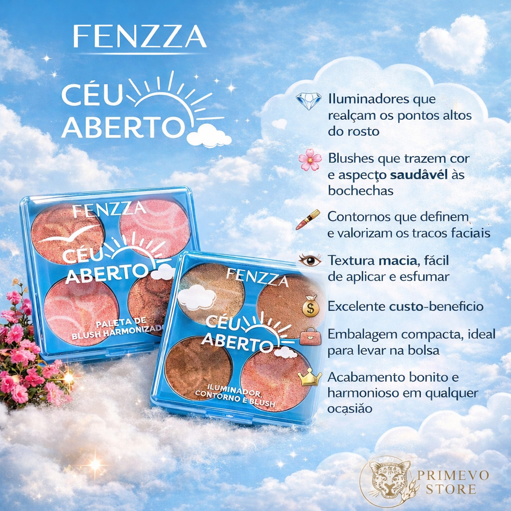 Paleta Facial Fenzza Céu Aberto  Iluminador, Contorno e Blush  Alta Pigmentação Efeito Glow Versátil