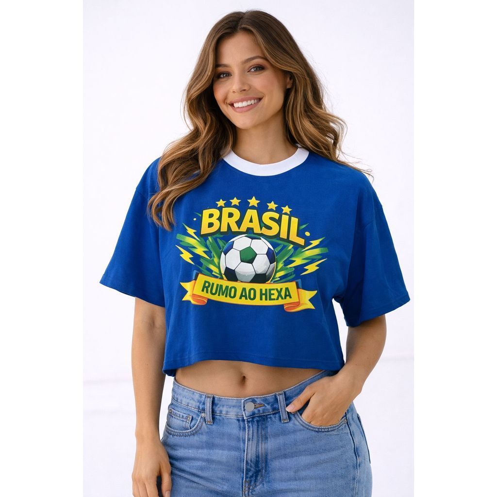 Camisa do Brasil Feminina Cropped da Copa Oversized Rumo ao Hexa