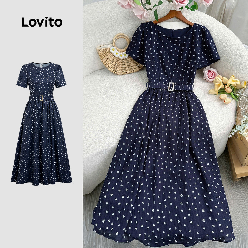 Lovito Vestido Elegante com Cinto Confortável e Estiloso Vestido Azul Marinho para a primavera/verão L165ED307 em Oferta na Shopee