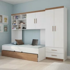 Quarto Completo Solteiro Juvenil 4 Peças com Guarda Roupa e Bicama Modulado Chiara e Carvalho Branco/Carvalho