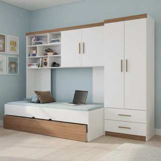 Quarto Completo Solteiro Juvenil 4 Peças com Guarda Roupa e Bicama Modulado Chiara e Carvalho Branco/Carvalho em Oferta na Shopee