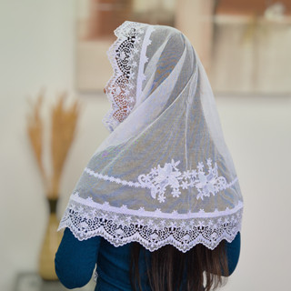 Véu Ccb Congregação Cristã Renda Larga Entremeio com Aplique Floral (mod. Melinda) em Oferta na Shopee