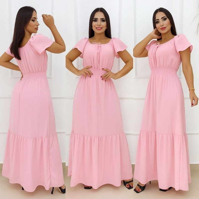 Vestido Longo VIRGINIA Com Manga Ciganinha COM FORRO Lastex Na Cintura
