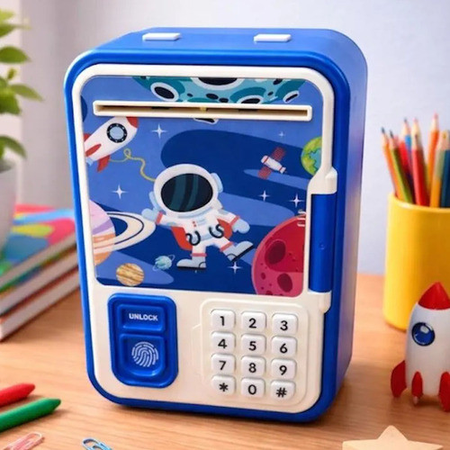 Cofre Eletrônico Infantil Com Senha E Digital Nota E Moedas Espacial Azul