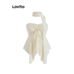 Lovito Férias Regata Lisa Assimétrica Com Cordão E Renda Em Tecido Texturizado Para Mulheres Bordado L106AD418