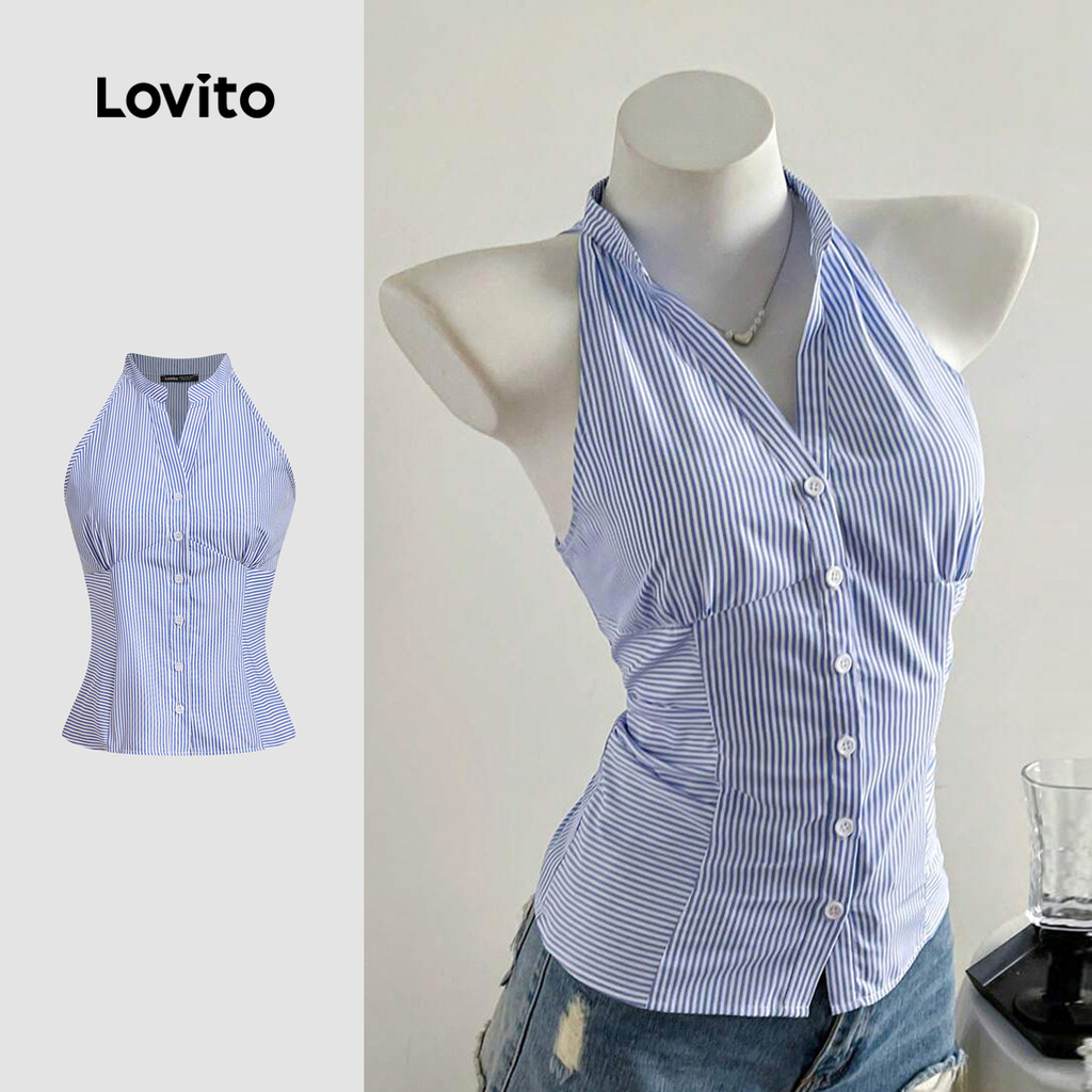 Lovito Casual Listrado Botão Geométrico Plissado Verão Primavera Azul E Branco Regata Para Mulher L135ED386 em Oferta na Shopee