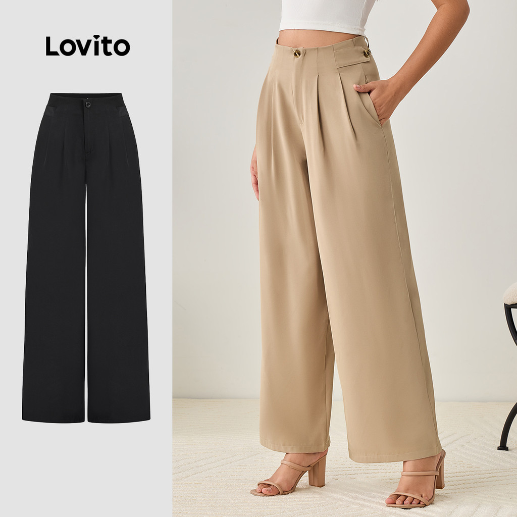 Lovito Calça Casual Com Botão Liso E Frente Dividida Para Mulheres L96MD033 em Oferta na Shopee