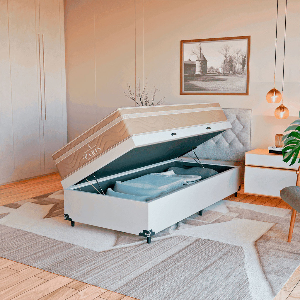 Cama Box Baú Solteiro Branco + Colchão Paris Molas Ensacadas