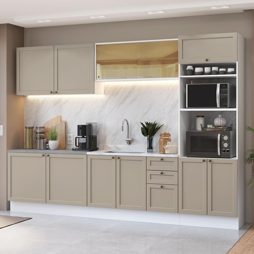 Armário de Cozinha Completa 310 cm Branco/Crema Vik Madesa 01