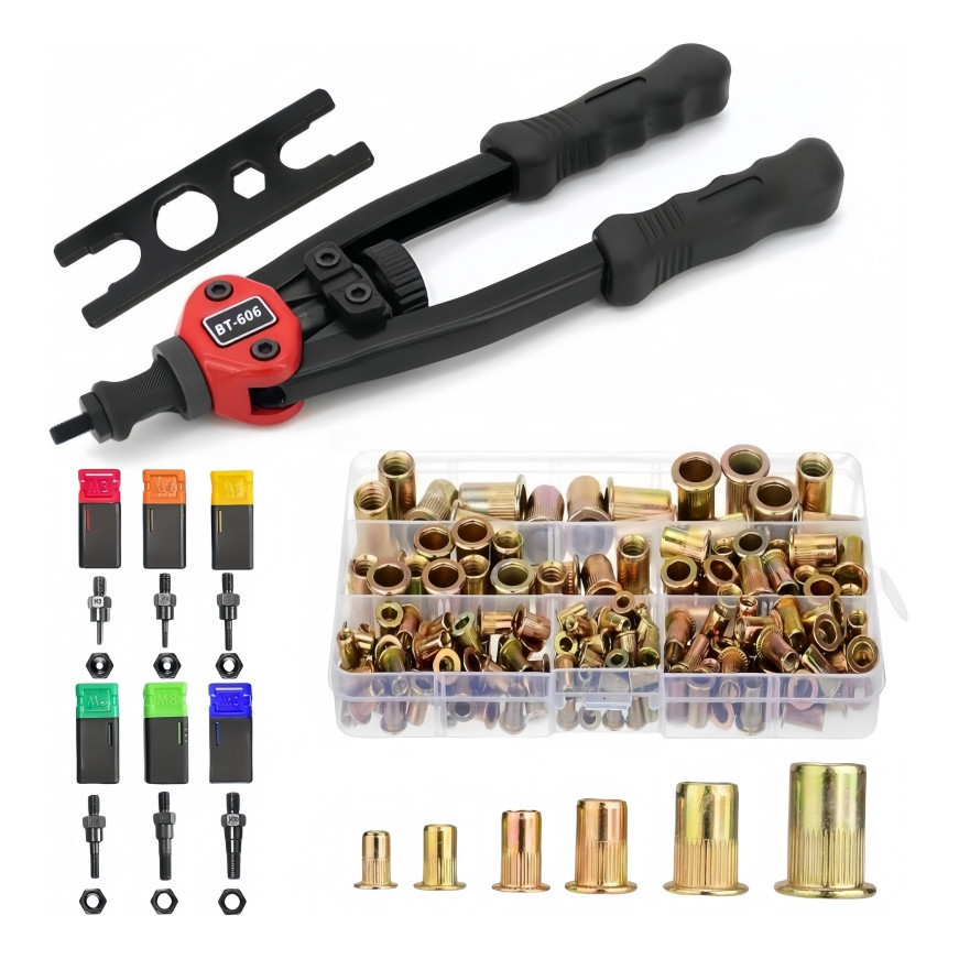 175 Pçs De Rebite De Rosca Aco Porca M3 A M10 Com Cabeça Plana M3-M10 BT606 Rebitador Manual Alavanca  Para Rebites