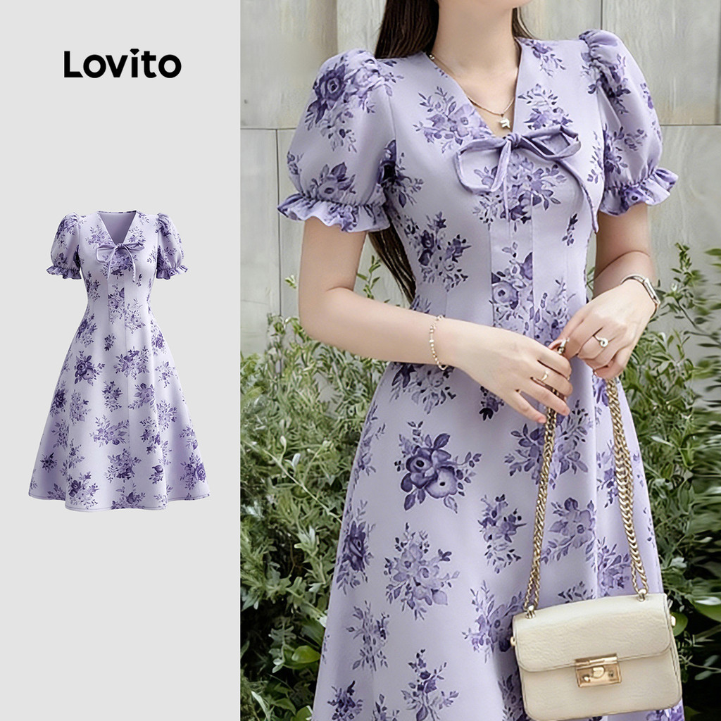 Lovito  Vestido Casual com Renda e Flores para Primavera/verão Feminino LK4ED1551 em Oferta na Shopee