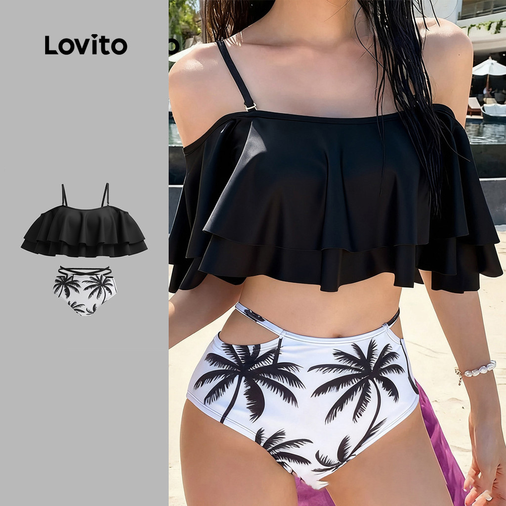 Lovito  Conjuntos de Biquíni Boho Conjuntos de 2 Peças com Babados e Estampa para Mulheres - Primavera/Verão LNE134034 em Oferta na Shopee
