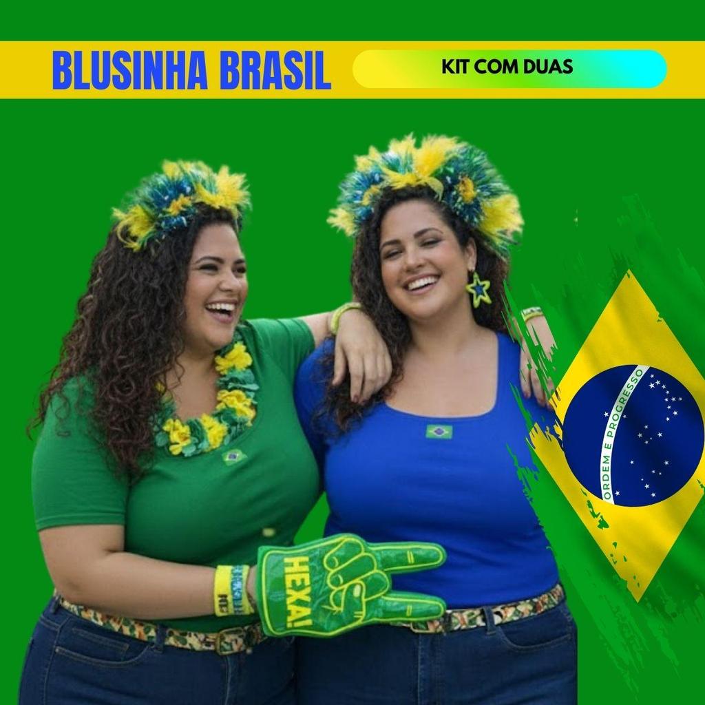 KIT 2 Blusinhas Brasil Copa do Mundo BrasilCore Gola quadrada Premium Curve Manga Curta Bordado bandeira PlusSize Premiu em Oferta na Shopee