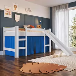 Cama Infantil Elevada com Escorregador 188x78cm Escada e Proteção Lateral Branca com Cortina Azul