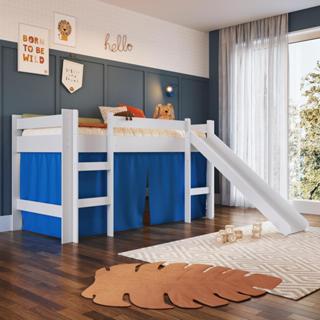 Cama Infantil Elevada Menino Menina Solteiro 202cm com Degrau e Escorregador Branca com Cortina Azul em Oferta na Shopee