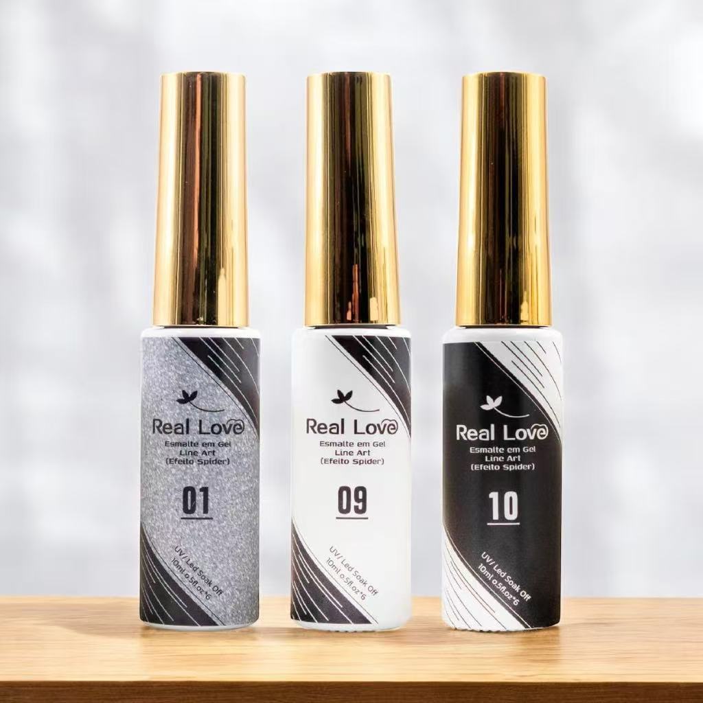Kit 3 Esmaltes em Gel Line Art Efeito Spider 10ml Preto Branco Prata Glitter pincel Fino Real Love s