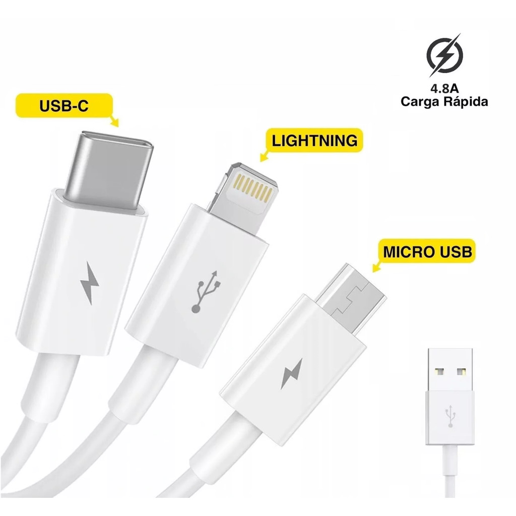 Cabo Carregador Usb Tipo C Lightning E Micro V8 3 em 1 Carga Rápida 1.2m Resistente