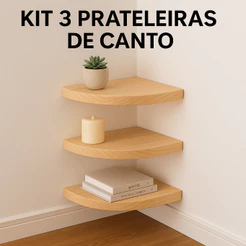 Kit 3 Prateleiras rack de Canto em Madeira Pinus Natural – Com Suporte Invisivel 19x19