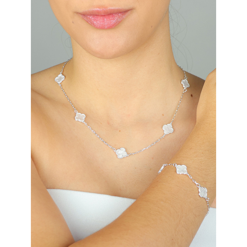 Kit colar+pulseira trevo madreperola virginia prata 925