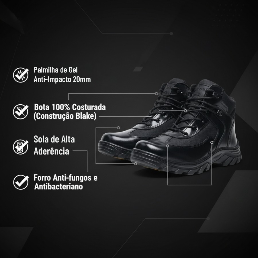 Bota Tática Motociclista Segurança PM Coturno Masculino Militar Kyllper Conforto Extremo Verniz Brilhante