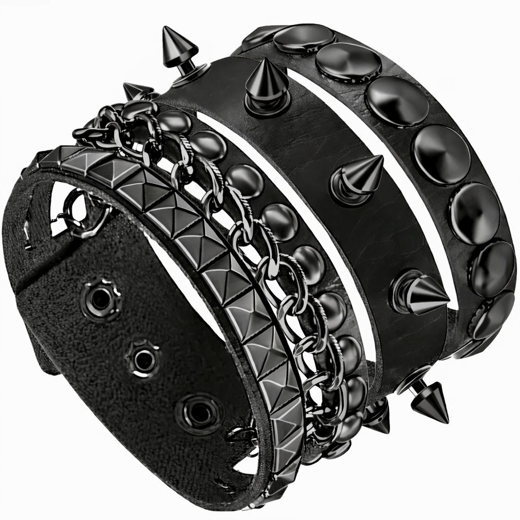 Kit 3 Pulseiras Punk Rock Masculina Couro Preto com Corrente e Rebites Prata / Gun Black Ajustável Unissex em Oferta na Shopee