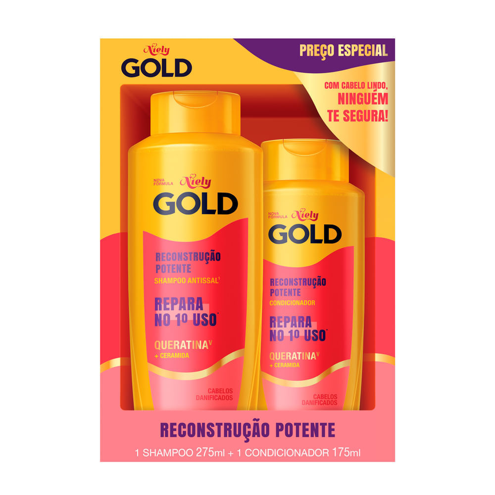 Shampoo Niely Gold Reconstrução Potente 275ml e Condicionador Niely Gold Reconstrução Potente 175ml em Oferta na Shopee