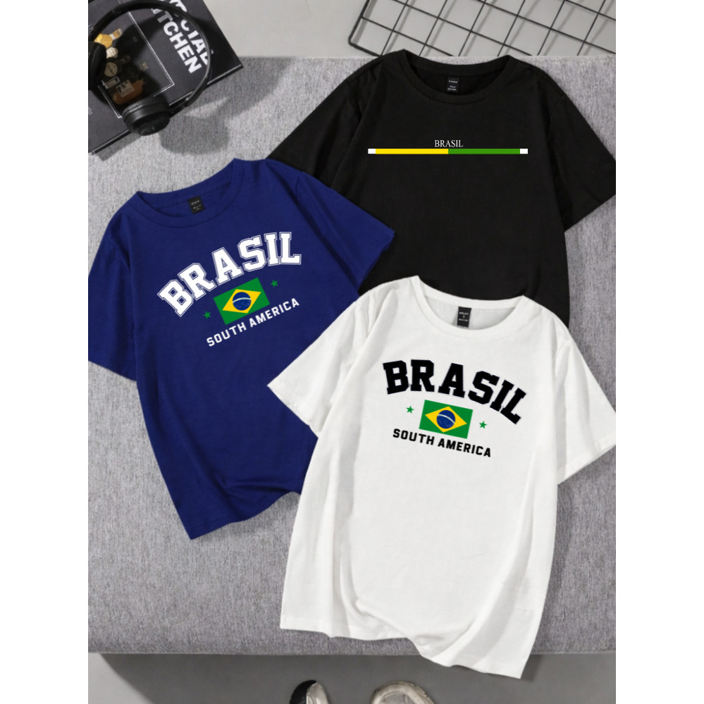 Kit 3 camisa 100% Algodão premium unissex Casual Brasil Camiseta Básica Promoção Copa do mundo