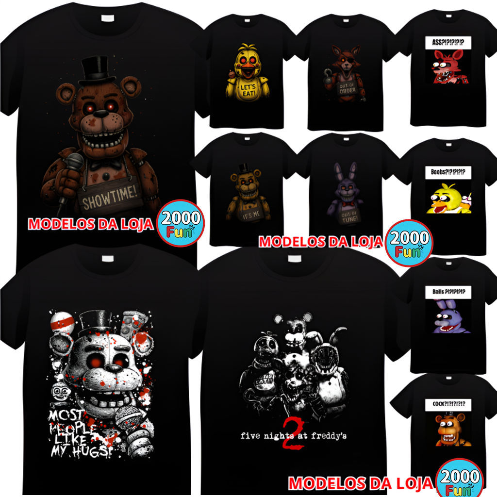 Camiseta Five Nights At Freddy's FNAF Jogo Terror 100% Algodão Estampa Preta Adulto Masculina Feminina Plus Size Unissex