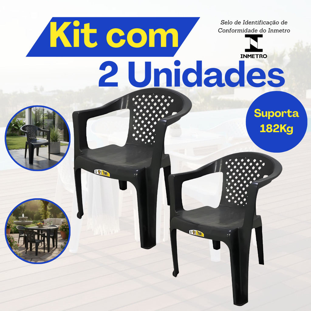 Kit Jogo De 2 Cadeiras Poltronas Preta De Luxo Plastica Suporta Até 182kg Para Restaurante Varanda em Oferta na Shopee