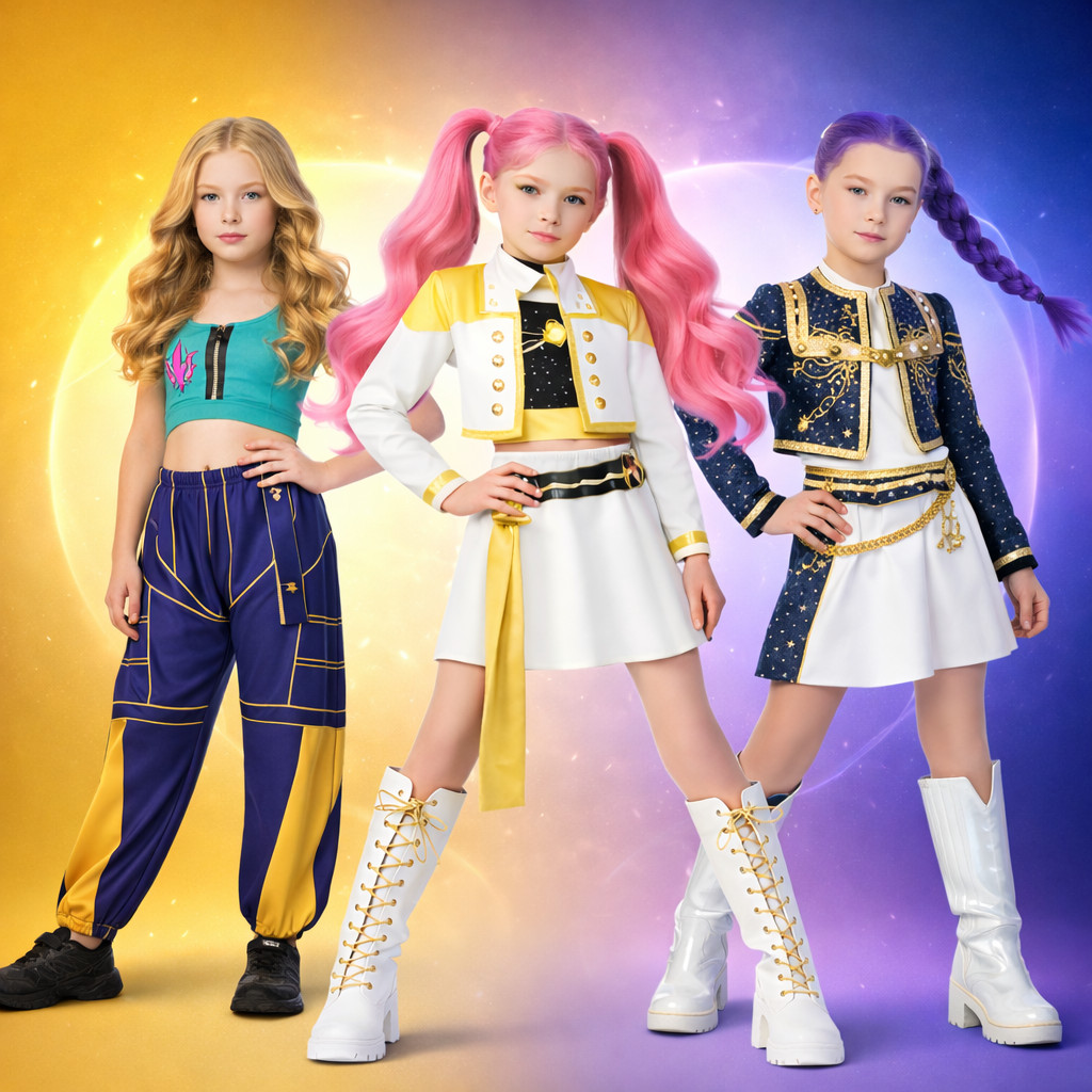 Fantasia Guerreiras Kpop Festa Pop Infantil Dança Palco Luxo Aniversario Mira Zoey