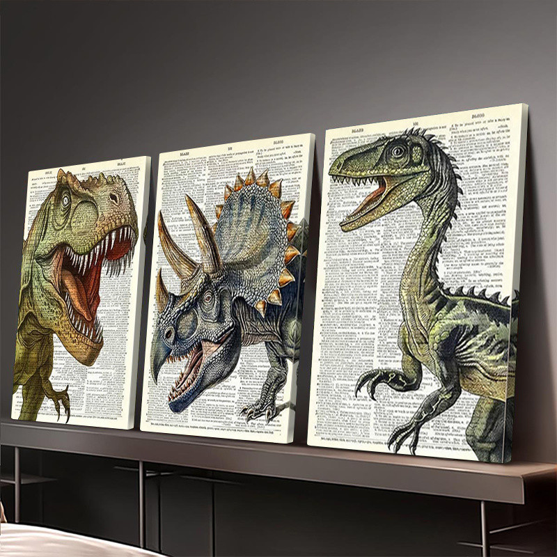 3 quadros decorativos dinossauro t. rex menino 8k luxo sala quarto escritório hall 120x60cm c