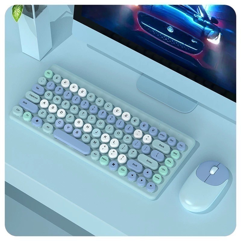 Teclado mecânico, 86 teclas, teclado colorido sem fio 2.4G com mouse, compacto para jogadores  anjgg