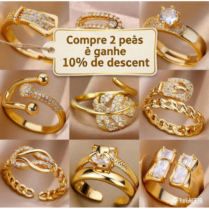 Anel Aberto de Aço Titânio Banhado a Ouro 18K com Diamante,à Prova d'Água Não Desbota,acessórios