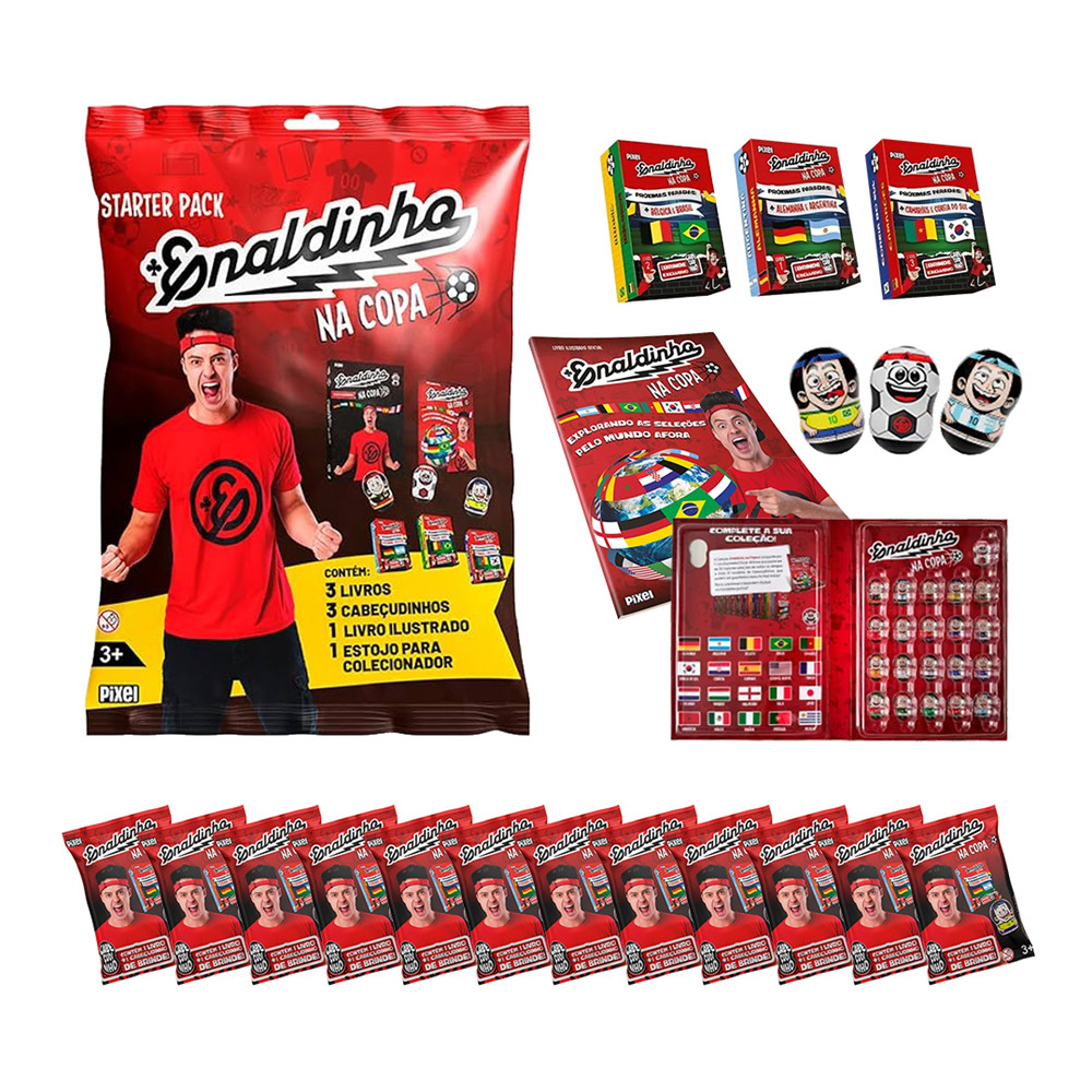 Starter Pack Enaldinho na Copa + 12 Envelopes (15 Cabeçudinhos, Livro Ilustrado e Estojo) Oficial em Oferta na Shopee