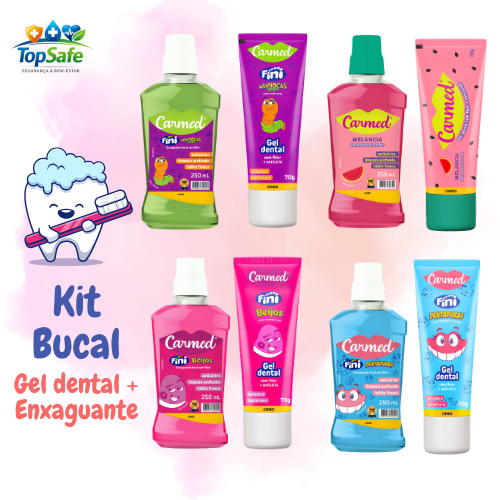 Kit Enxaguante + Gel Bucal CARMED FINI Beijos, FINI Dentaduras, FINI Minhoca ou Melancia CIMED