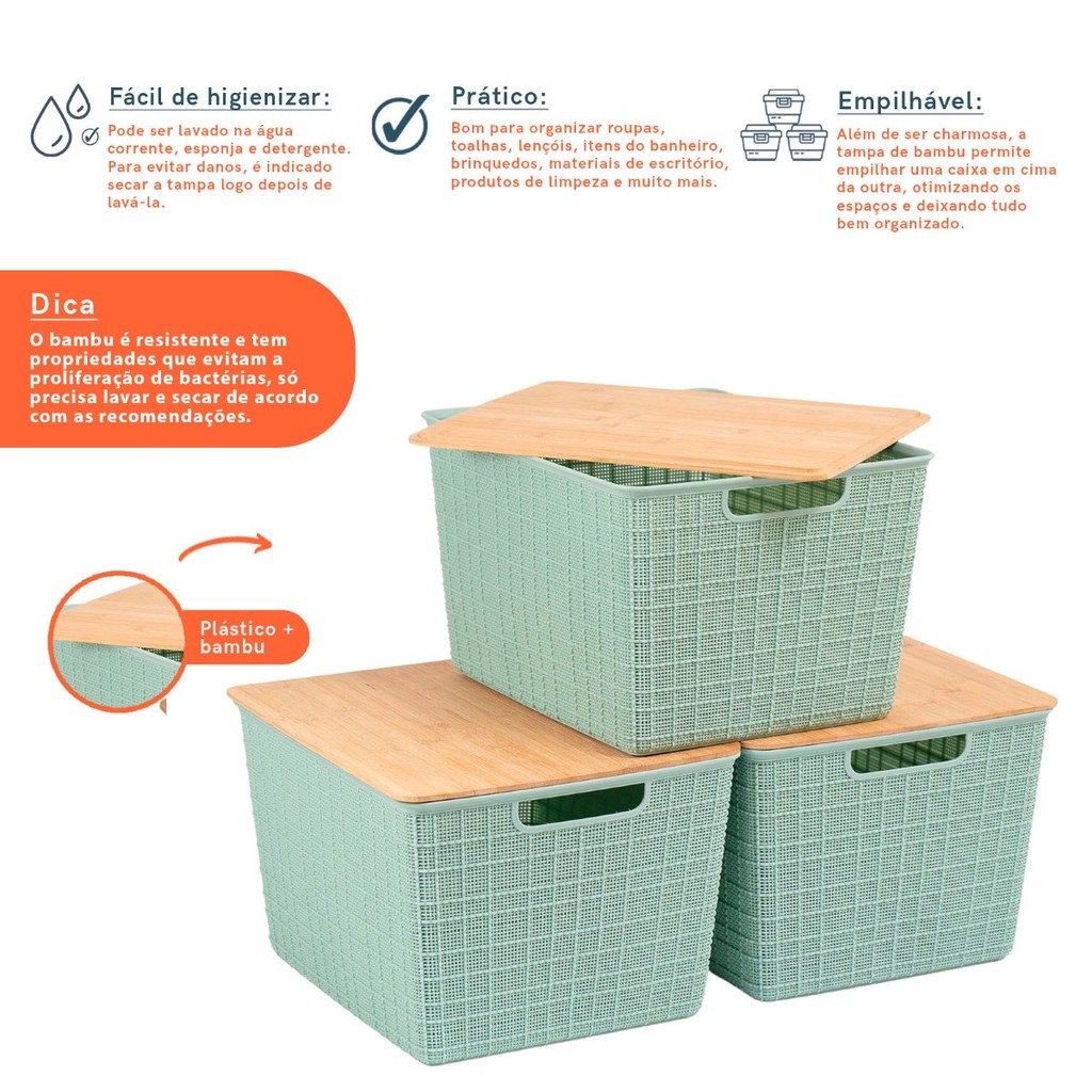 Kit 3 Caixas Organizadoras Tampa de Bambu 18l Verde – Oikos — imagem 2 de 2