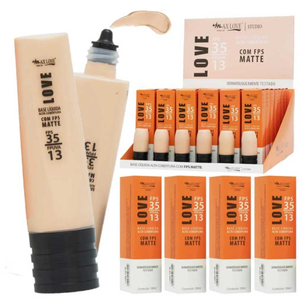 BOX C/ 42 BASE LÍQUIDA MATTE ALTA COBERTURA FPS 35 MAX LOVE — TONS SORTIDAS 50 ao 55