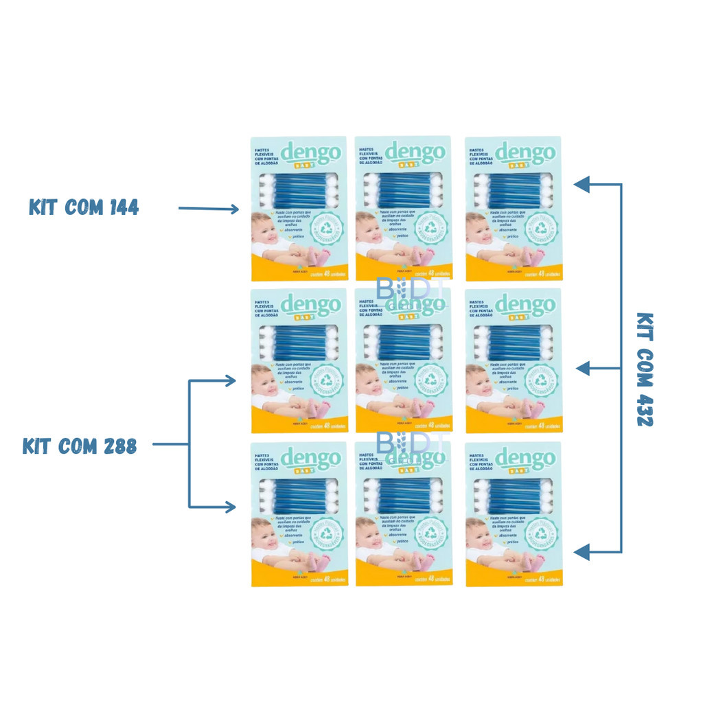 KIT C/ ATÉ 432 HASTES COTONETE FLEXÍVEIS PARA BEBÊ - DENGO