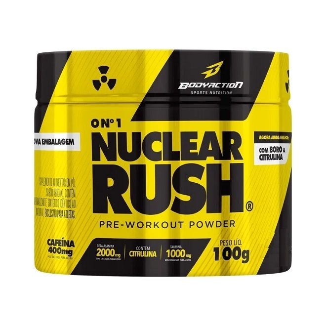 Pre Workout Nuclear Rush Body Action 100g Pre Treino Com Cafeina Beta Alanina Taurina Sabor Guarana