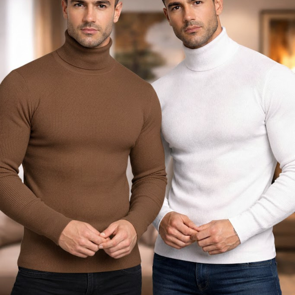 Kit 2 Camisetas Gola Alta Masculina Ribana Canelada - Camisa Justinha Moda Americana Gringa Inverno Casual