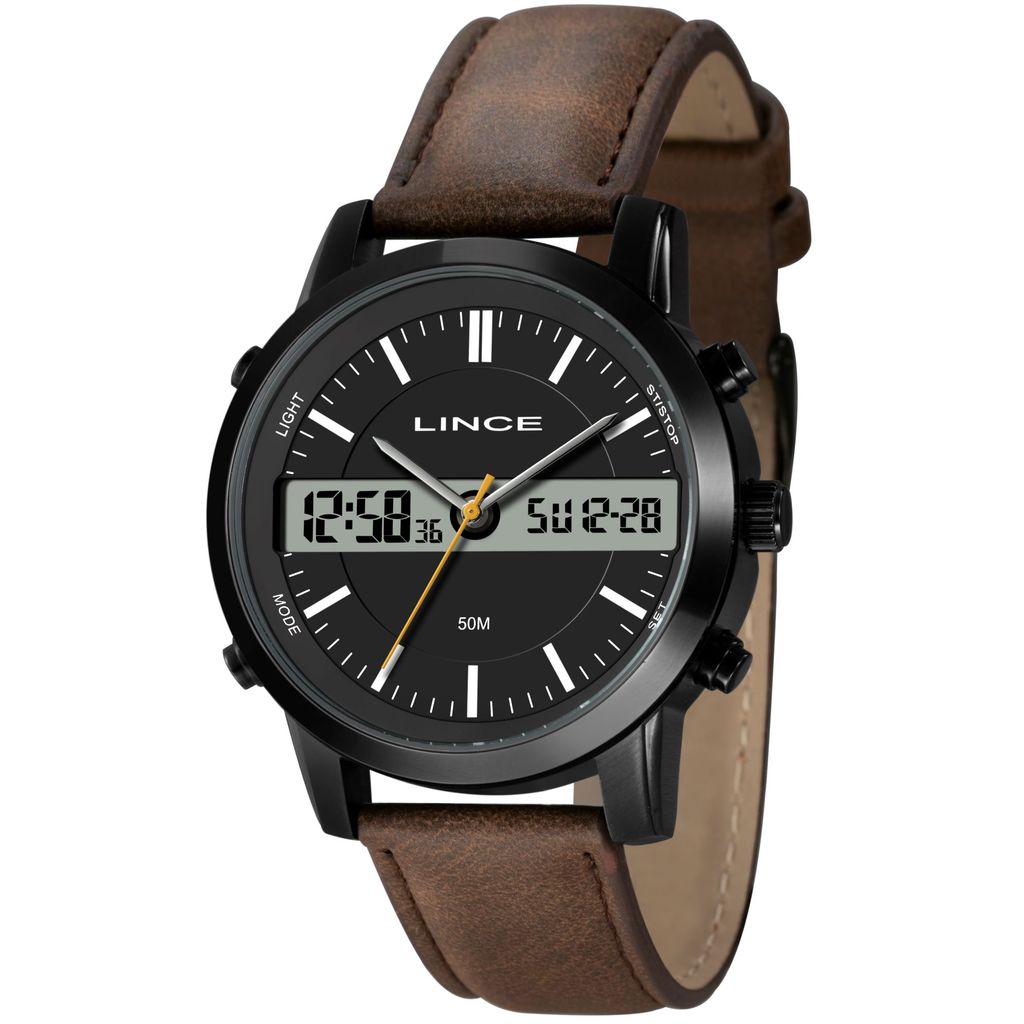 Relógio Lince Masc Puls Couro Marrom Visor Preto Analógico MAC4764L46