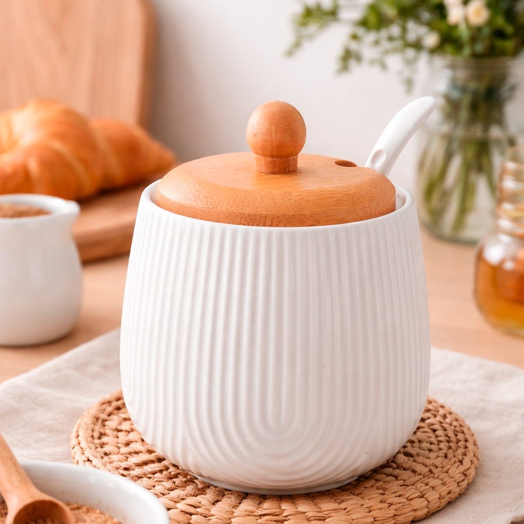 Açucareiro Em Cerâmica Com Colher Tampa Bambu 360ml Oásis em Oferta na Shopee